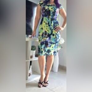 Nicole Miller size 6 cold shoulder Abstract Sheath Dress Yellow & Blue midi
